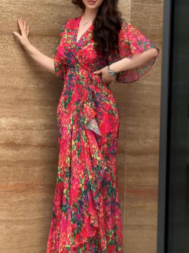 NovaStyle Vintage Inspired V-Neck Printed Midi Dress With Trumpet Sleeves