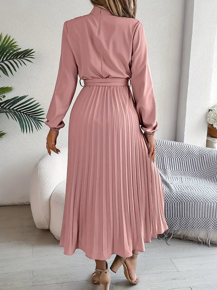 Aurora Elegant Women’s Long Sleeve Pleated Belted Dress