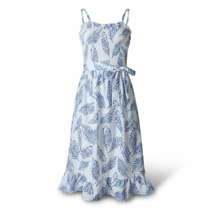Women's Sleeveless Midi Dress With Leaf Print, Ruffle Neckline And Tie Waist