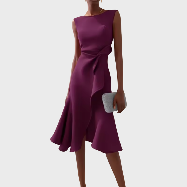 Aeris Draped Asymmetric Midi Dress For Summer Days