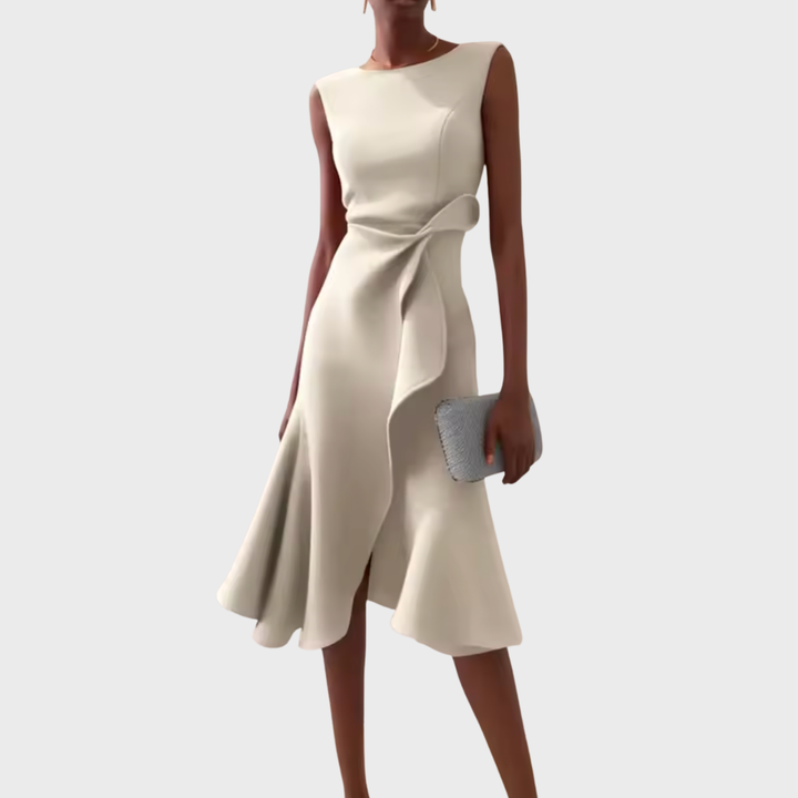 Aeris Draped Asymmetric Midi Dress For Summer Days