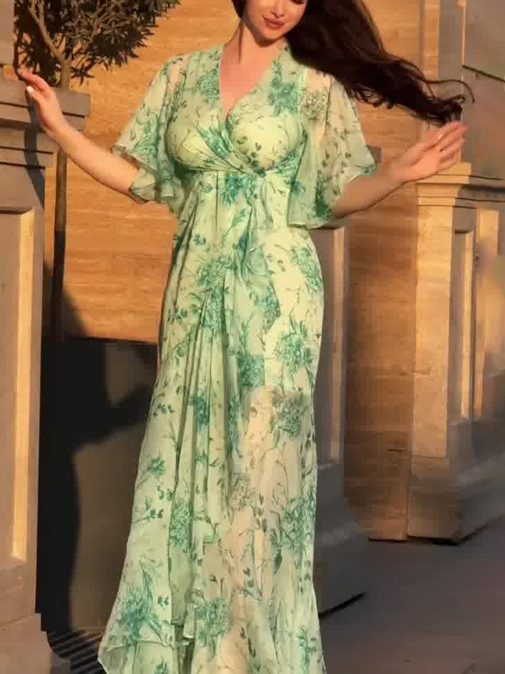 NovaStyle Vintage Inspired V-Neck Printed Midi Dress With Trumpet Sleeves