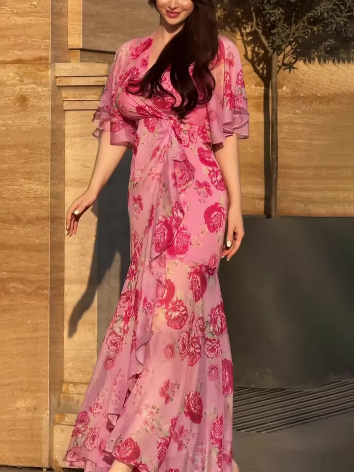NovaStyle Vintage Inspired V-Neck Printed Midi Dress With Trumpet Sleeves