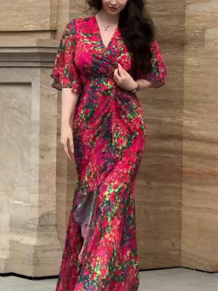 NovaStyle Vintage Inspired V-Neck Printed Midi Dress With Trumpet Sleeves