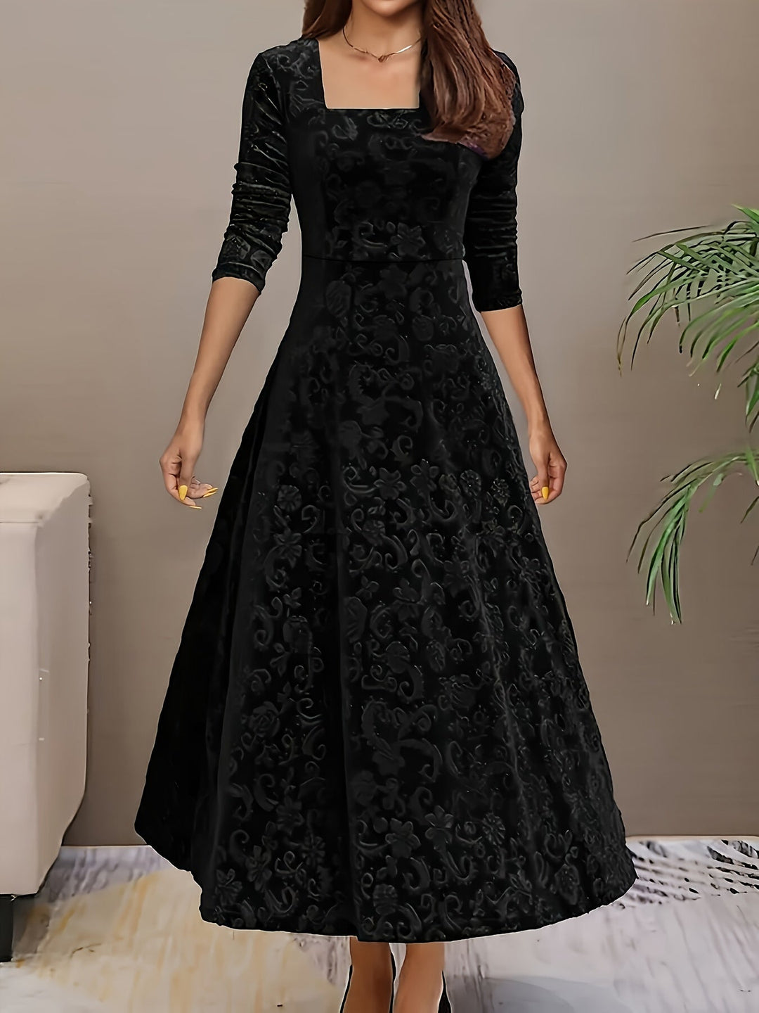 Elara Women's Graceful Floral Design Midi Dress For Weddings
