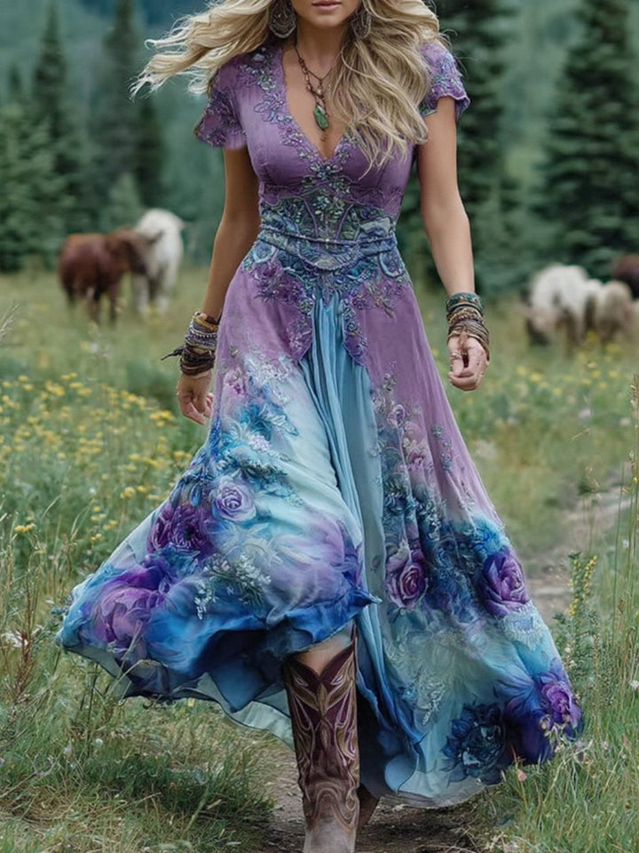 Elara Gradient Floral Maxi Dress Elegant Flowy Silhouette For Everyday Wear