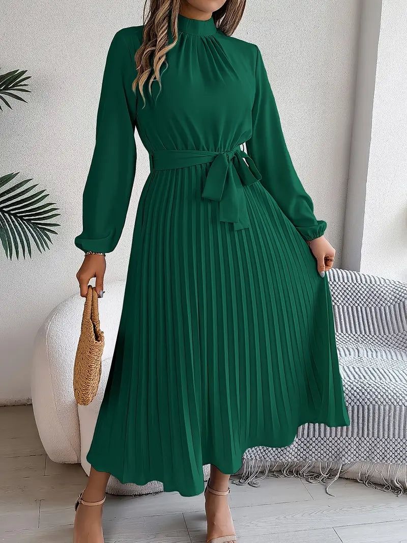 Aurora Elegant Women’s Long Sleeve Pleated Belted Dress