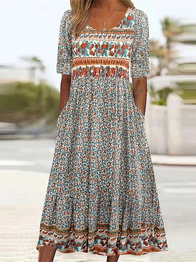Aurelia Dress With Bohemian Print And Round Neckline For Everyday Wear