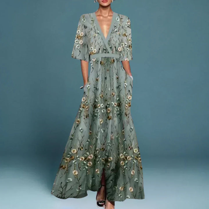 Astra Bloom Elegant Floral Maxi Dress With Floral Pattern