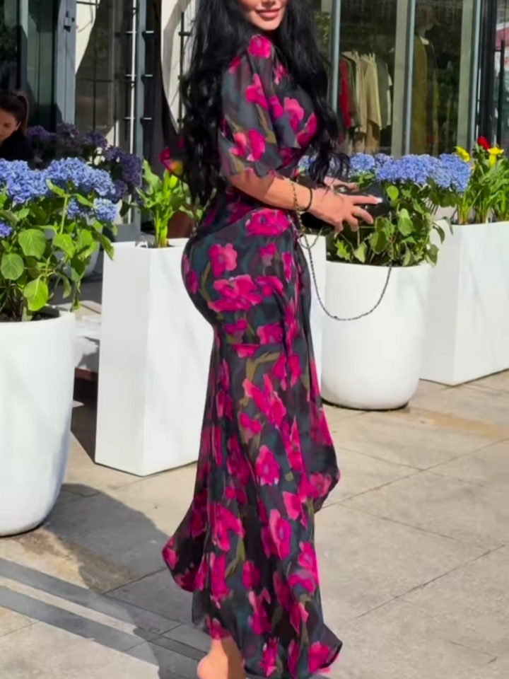 NovaStyle Vintage Inspired V-Neck Printed Midi Dress With Trumpet Sleeves
