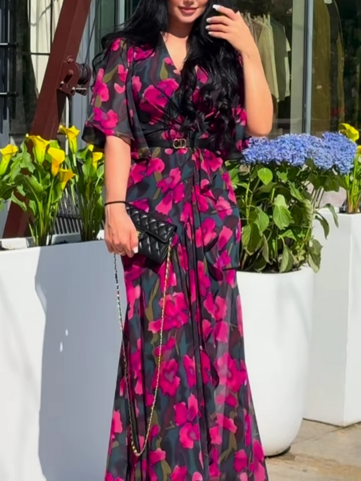 NovaStyle Vintage Inspired V-Neck Printed Midi Dress With Trumpet Sleeves