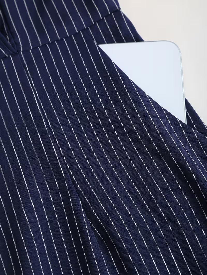 Women's Striped Midi Dress With Notched Lapel And Belted Pencil Cut Style