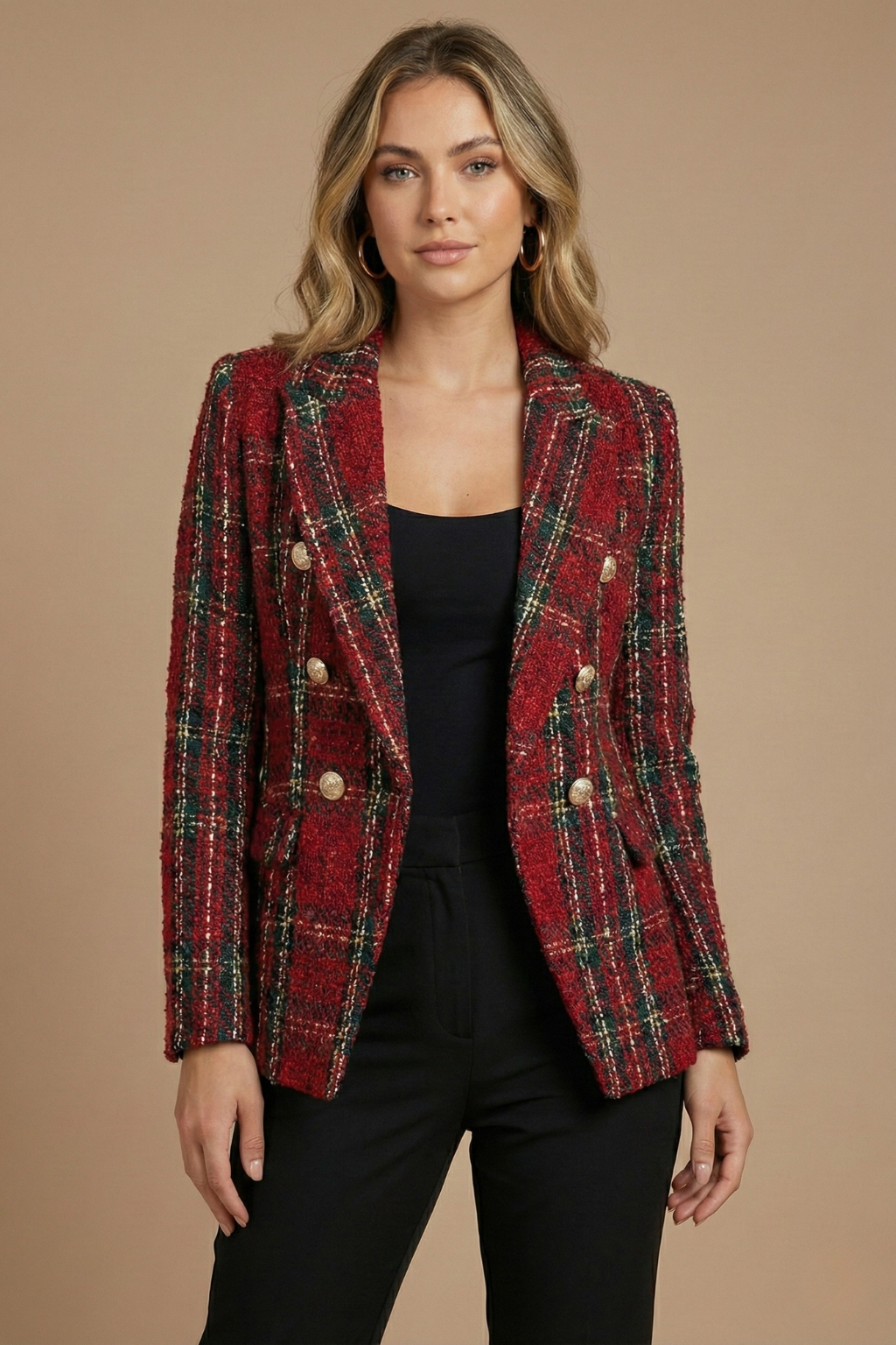 Astra Women's Check Double Breasted Blazer Jacket For Winter