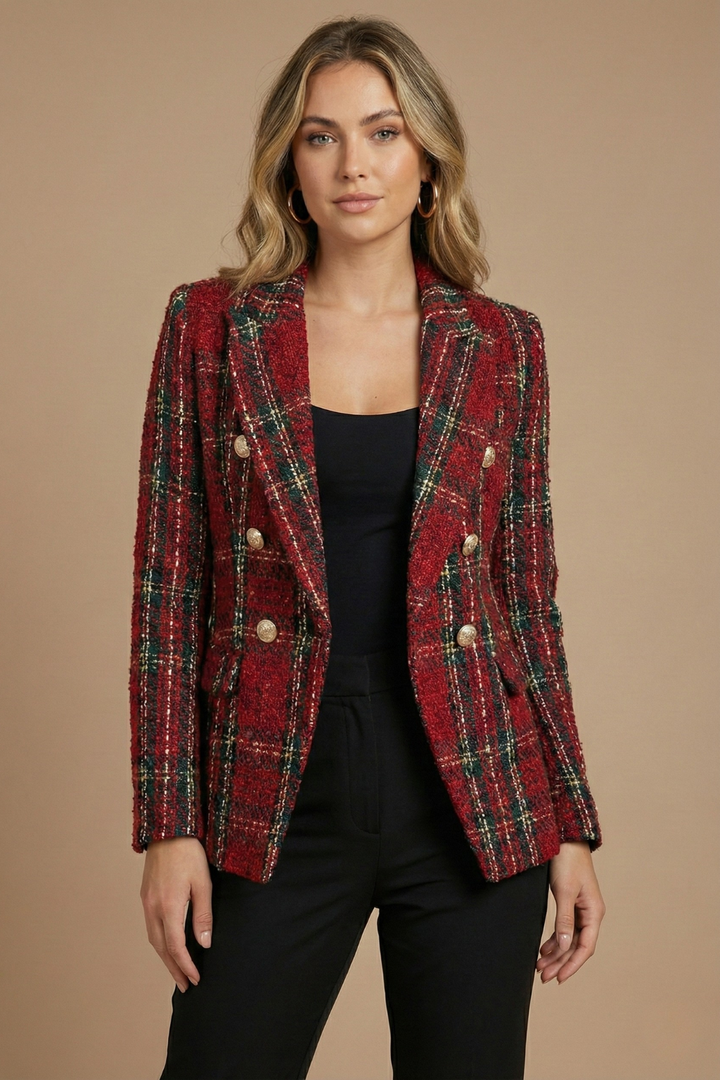 Astra Women's Check Double Breasted Blazer Jacket For Winter