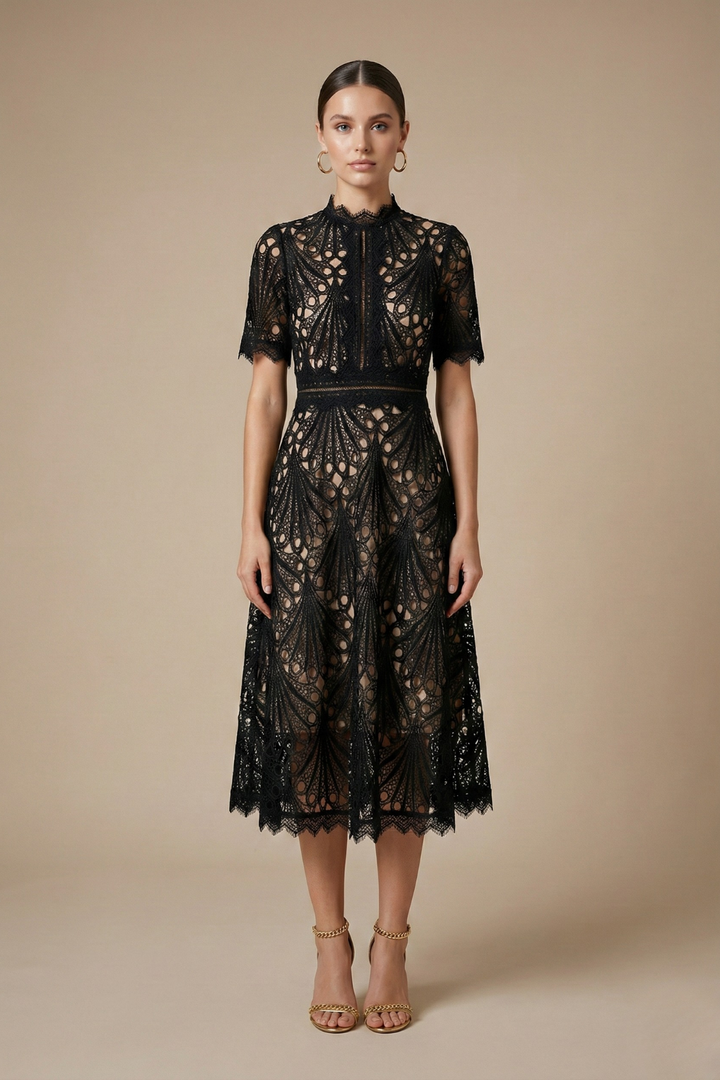 Women's Lace Midi Dress With High Neckline And Short Sleeves A-Line Silhouette