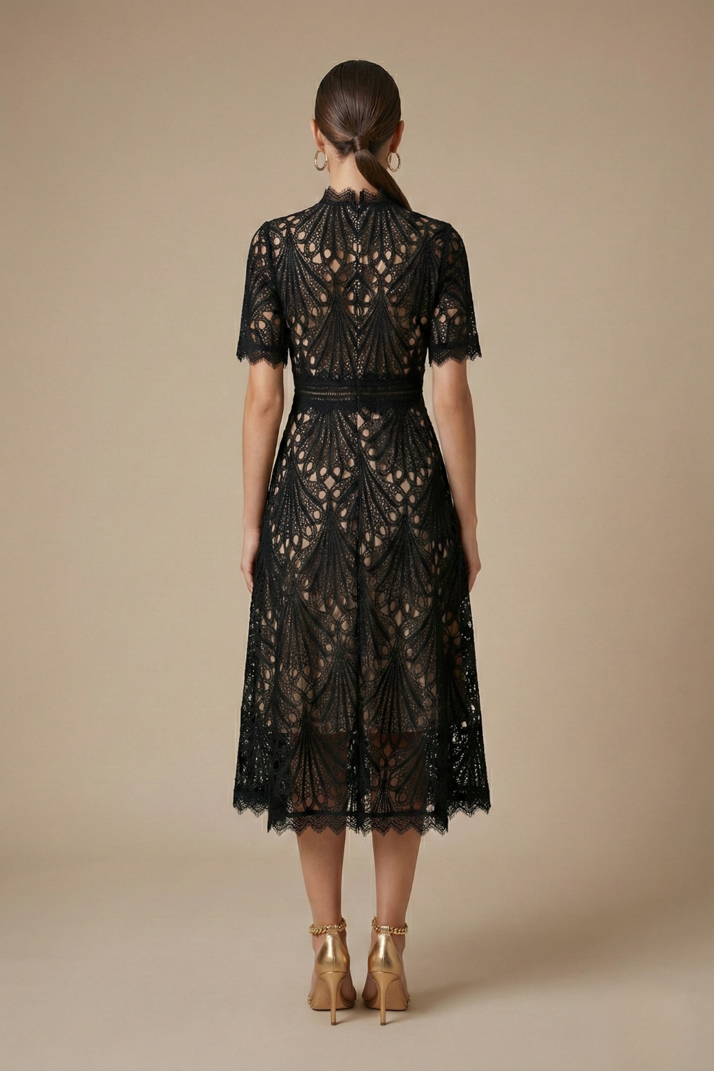 Women's Lace Midi Dress With High Neckline And Short Sleeves A-Line Silhouette
