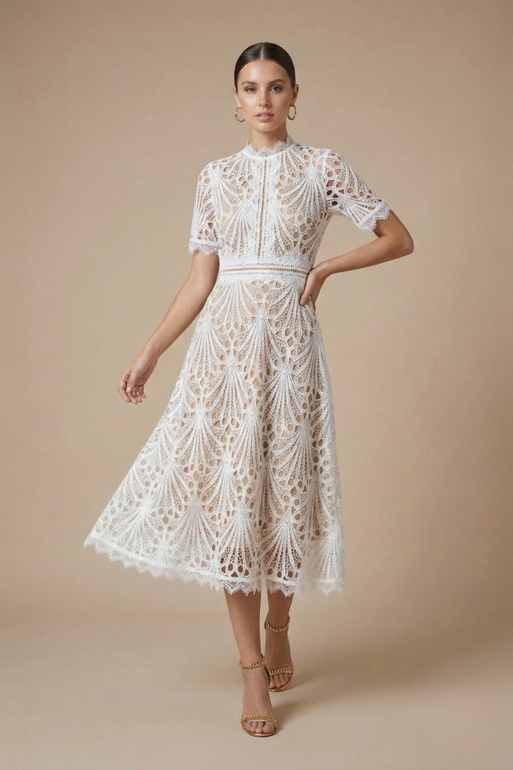 Women's Lace Midi Dress With High Neckline And Short Sleeves A-Line Silhouette