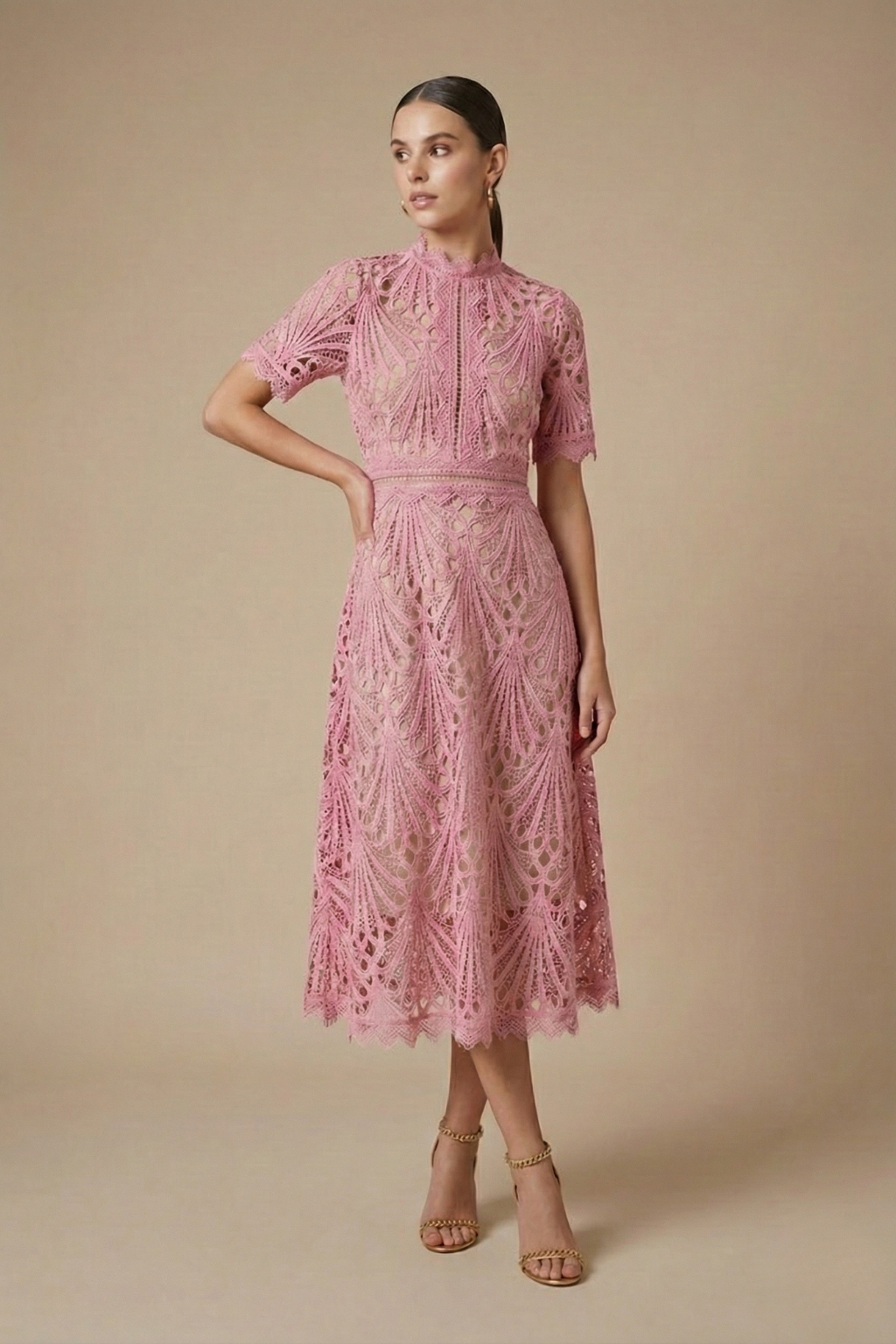 Women's Lace Midi Dress With High Neckline And Short Sleeves A-Line Silhouette