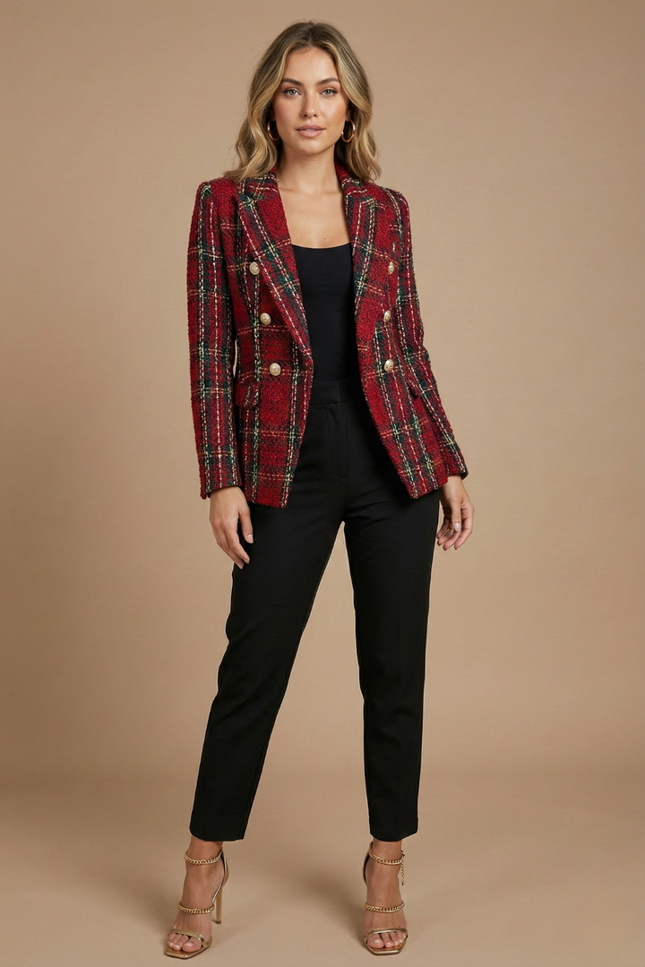 Astra Women's Check Double Breasted Blazer Jacket For Winter