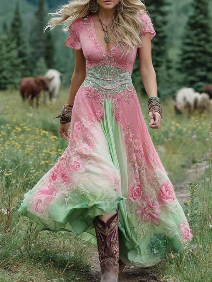 Elara Gradient Floral Maxi Dress Elegant Flowy Silhouette For Everyday Wear