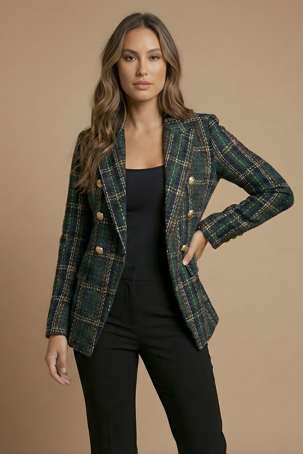 Astra Women's Check Double Breasted Blazer Jacket For Winter