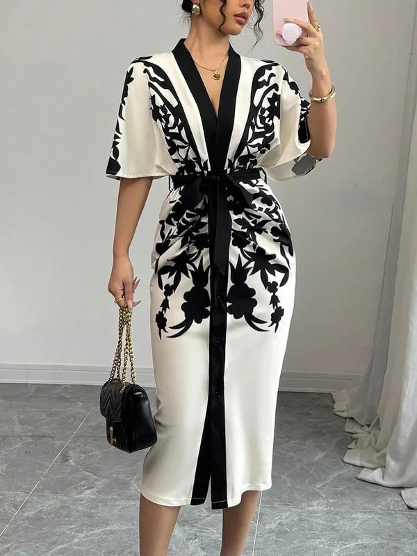 Women's Floral Print Belted Midi Dress With Deep V-Neck And Batwing Sleeves Button-Front
