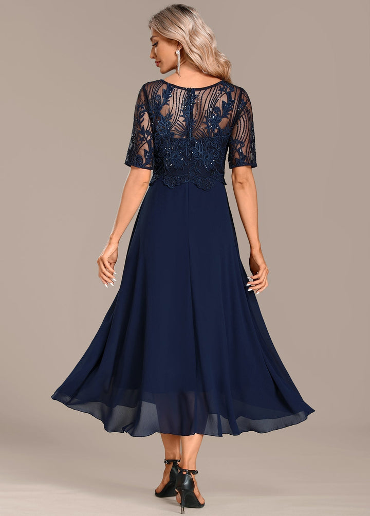 Nova Timeless Navy Lace Short Sleeve Round Neck Dress Ensemble For Women