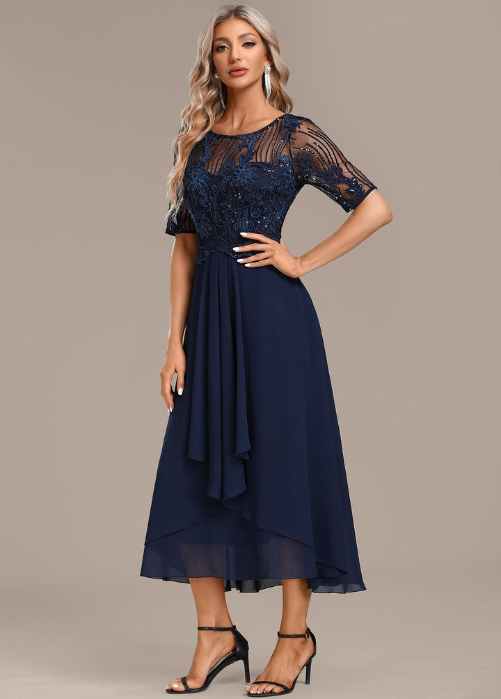 Nova Timeless Navy Lace Short Sleeve Round Neck Dress Ensemble For Women