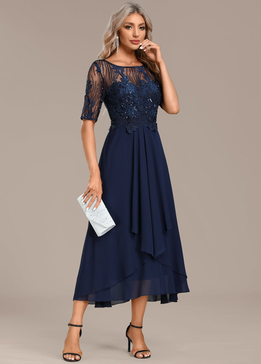 Nova Timeless Navy Lace Short Sleeve Round Neck Dress Ensemble For Women