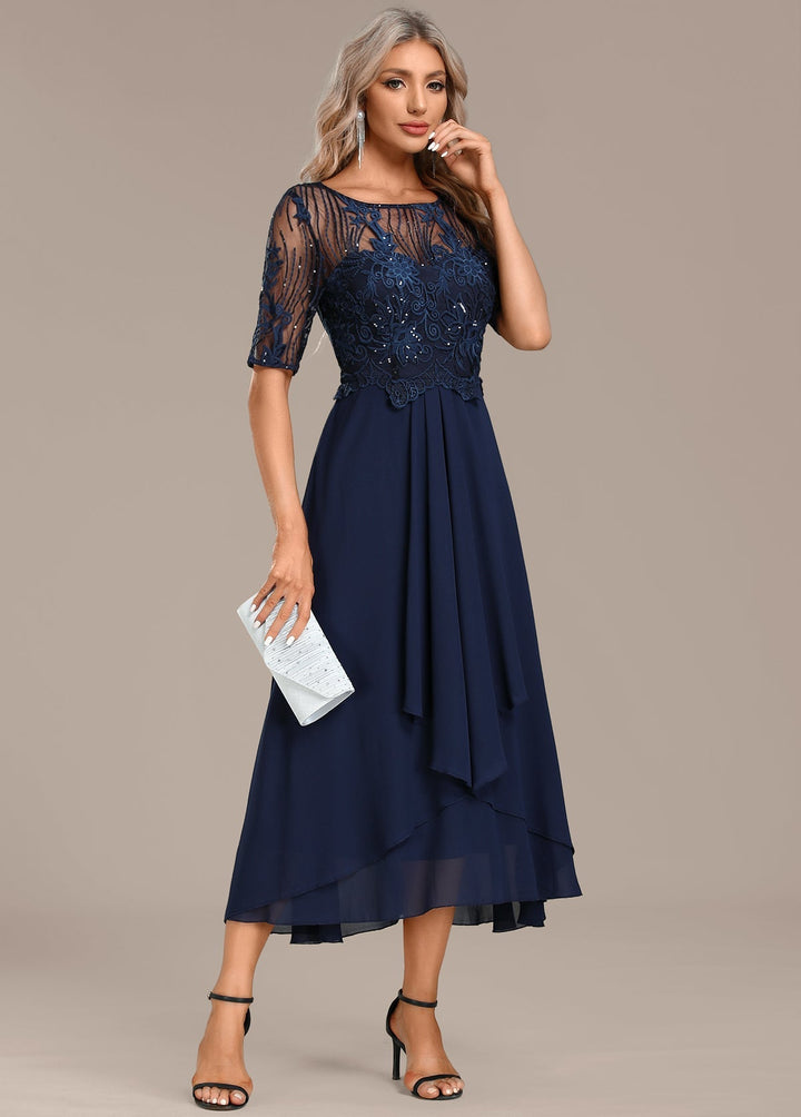 Nova Timeless Navy Lace Short Sleeve Round Neck Dress Ensemble For Women