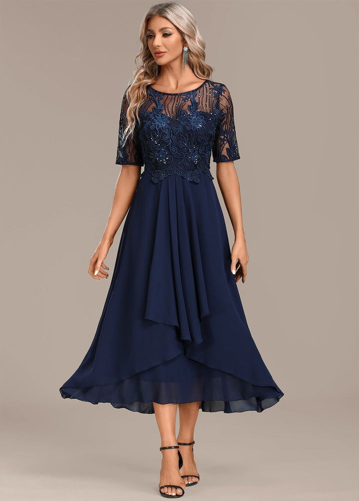 Nova Timeless Navy Lace Short Sleeve Round Neck Dress Ensemble For Women