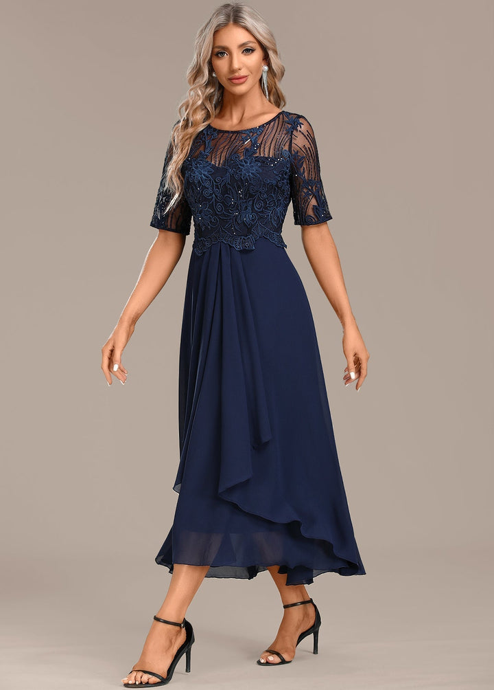 Nova Timeless Navy Lace Short Sleeve Round Neck Dress Ensemble For Women