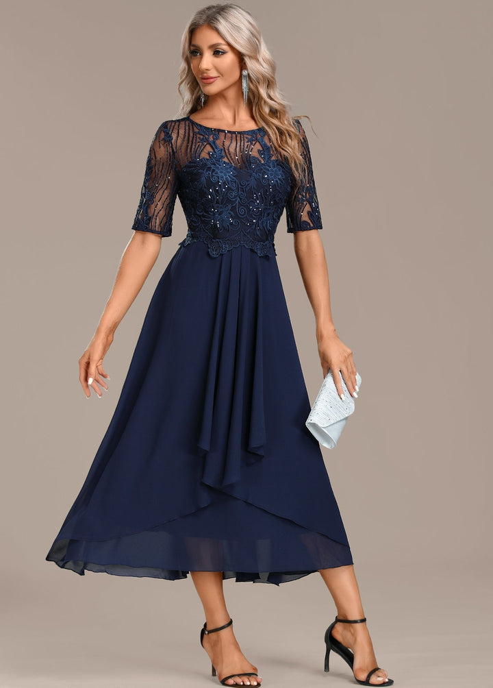 Nova Timeless Navy Lace Short Sleeve Round Neck Dress Ensemble For Women