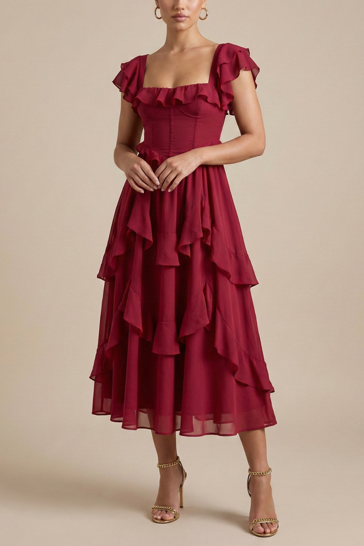 Women’s Layered Ruffle Midi Dress With Flutter Sleeves For Everyday Wear