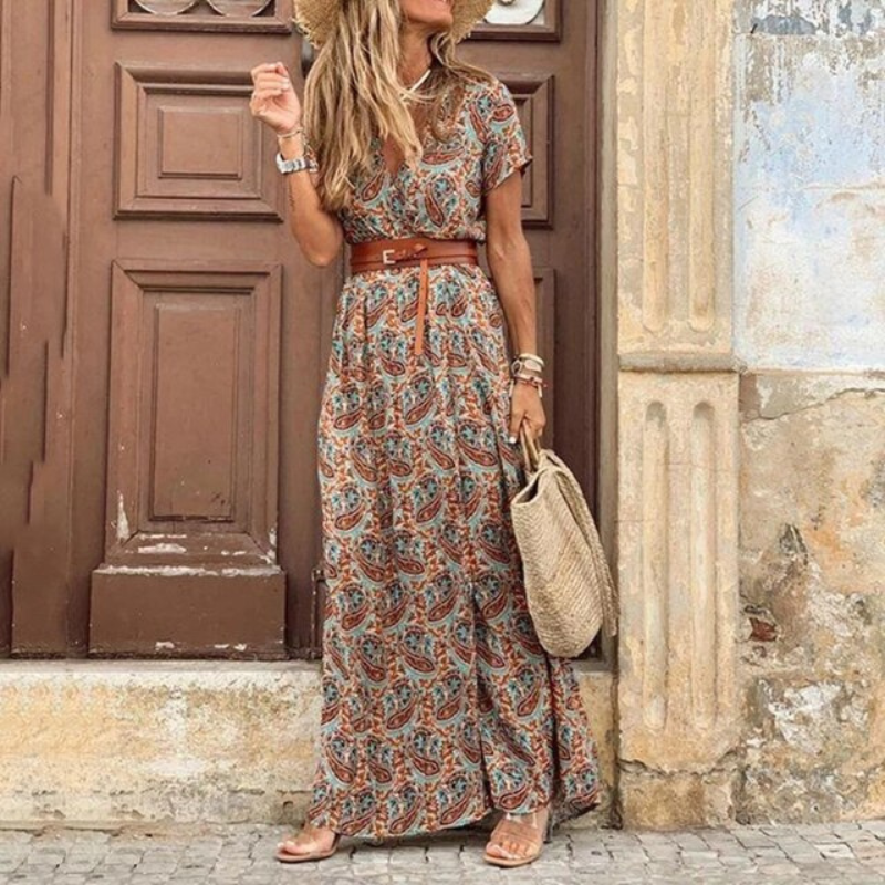 Elara Women's Short Sleeve Belted Long Dress For Women