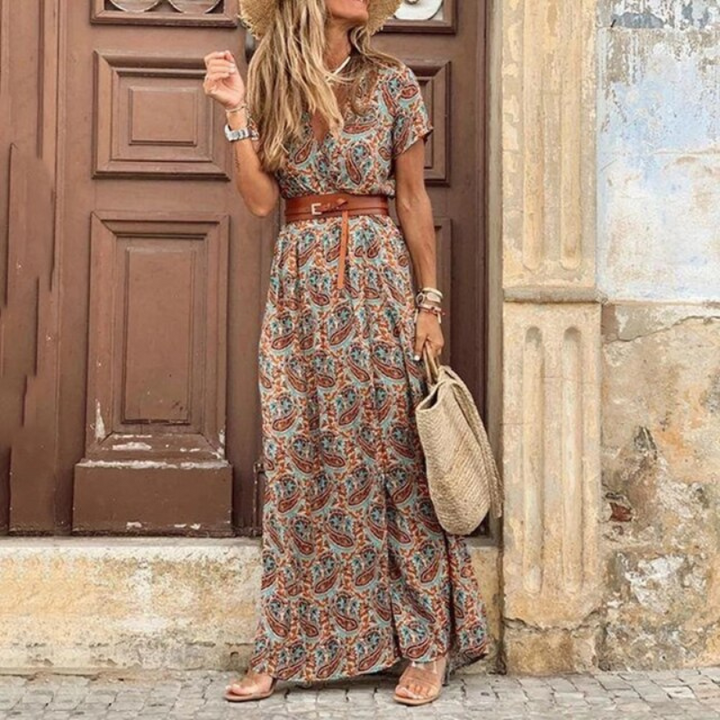 Elara Women's Short Sleeve Belted Long Dress For Women