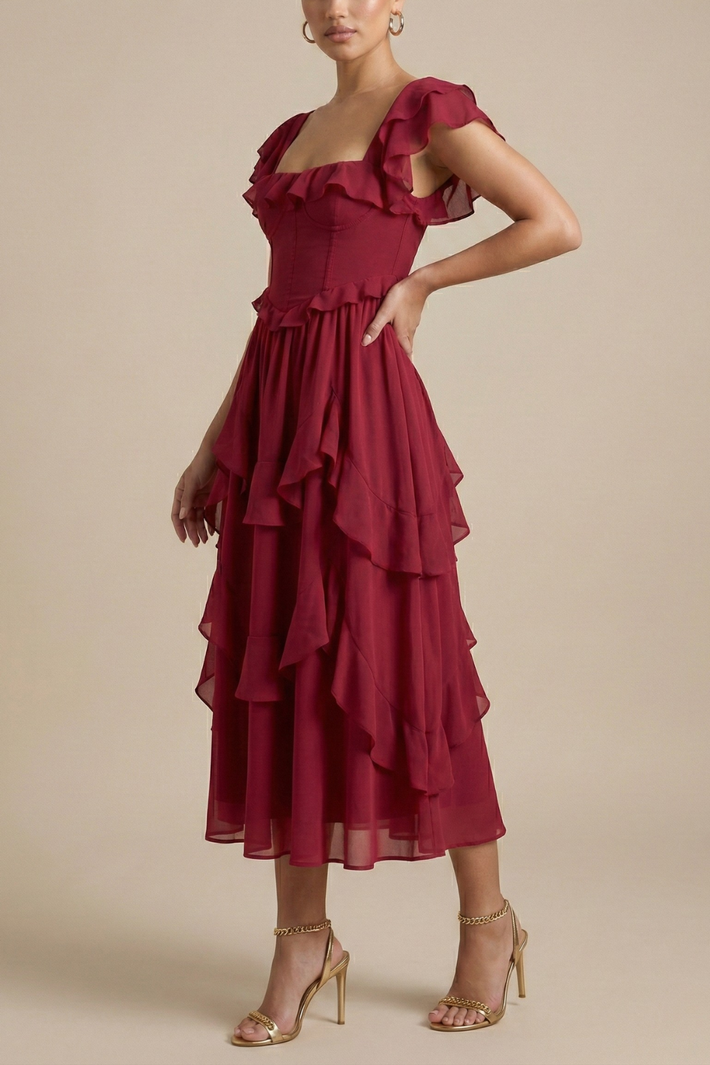 Women’s Layered Ruffle Midi Dress With Flutter Sleeves For Everyday Wear