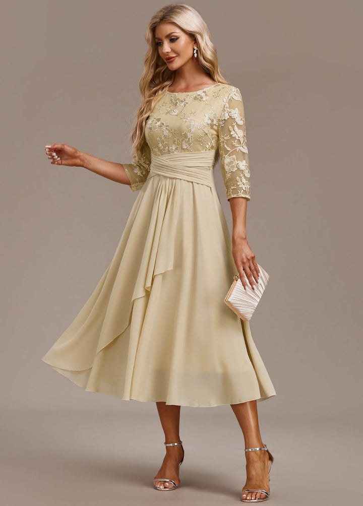 Lyria Champagne Floral Dress With 3/4 Sleeve Round Neck For Special Occasions