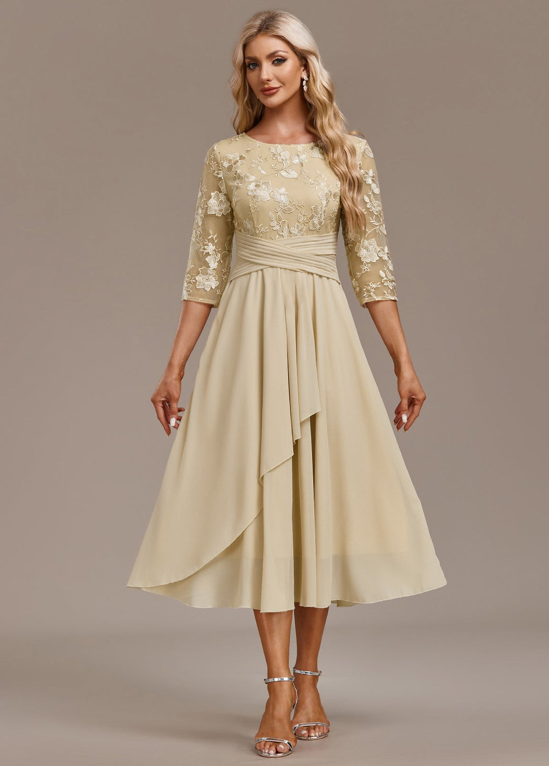 Nova Vale Champagne Embroidery 3/4 Sleeve Round Neck Dress