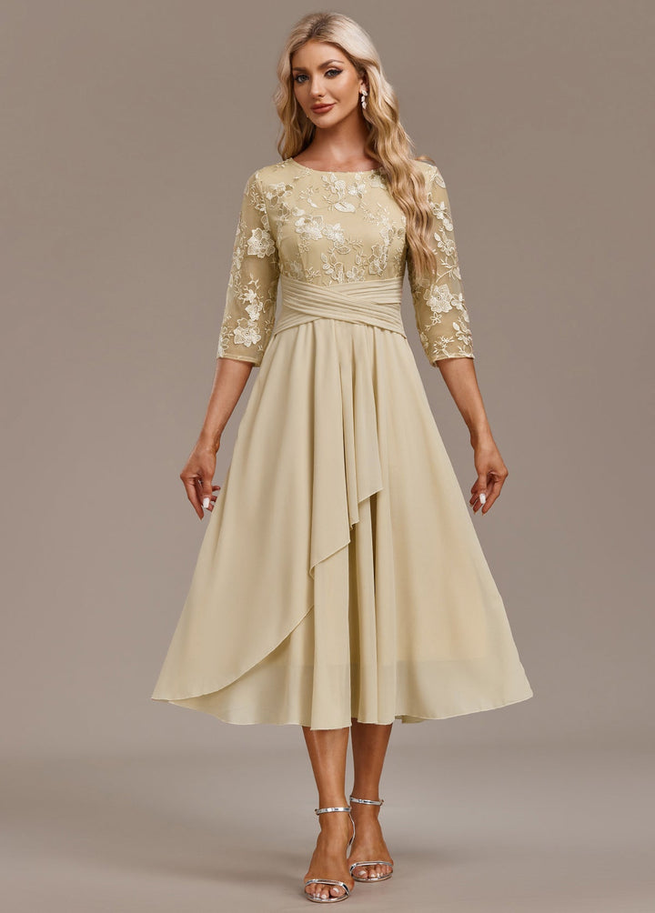 Lyria Champagne Floral Dress With 3/4 Sleeve Round Neck For Special Occasions