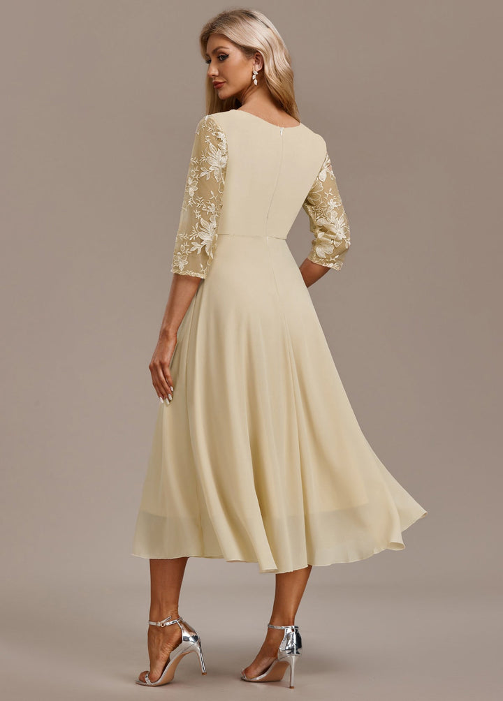 Nova Vale Champagne Embroidery 3/4 Sleeve Round Neck Dress