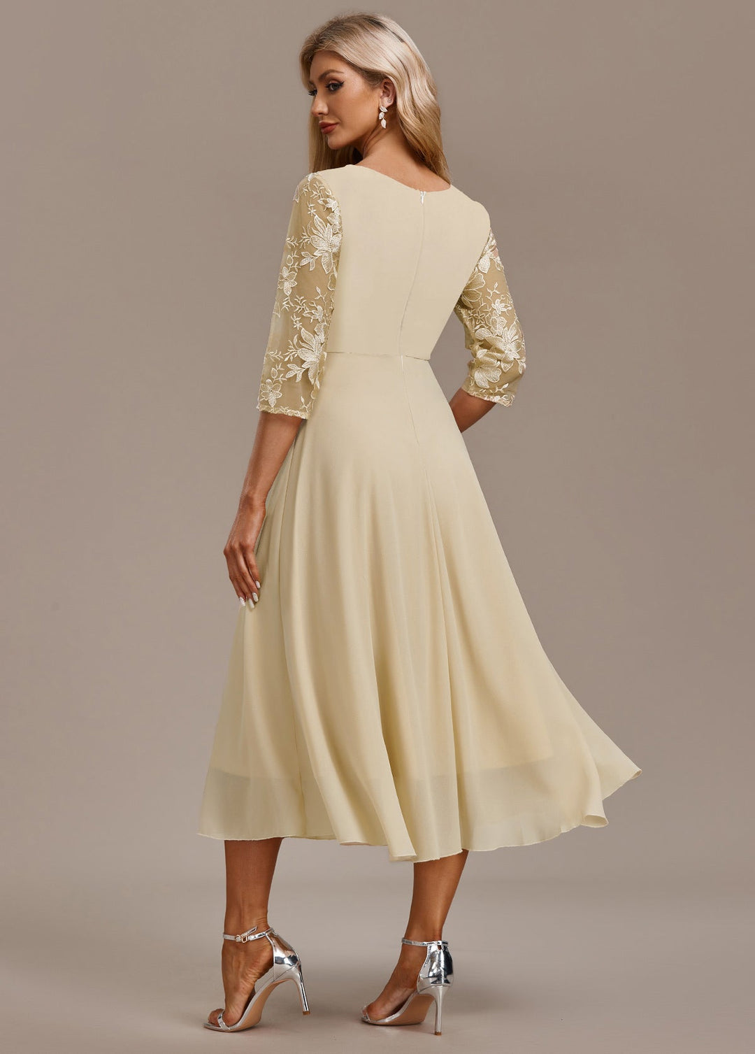 Lyria Champagne Floral Dress With 3/4 Sleeve Round Neck For Special Occasions