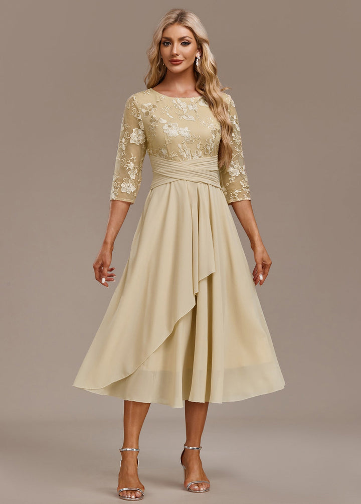 Nova Vale Champagne Embroidery 3/4 Sleeve Round Neck Dress