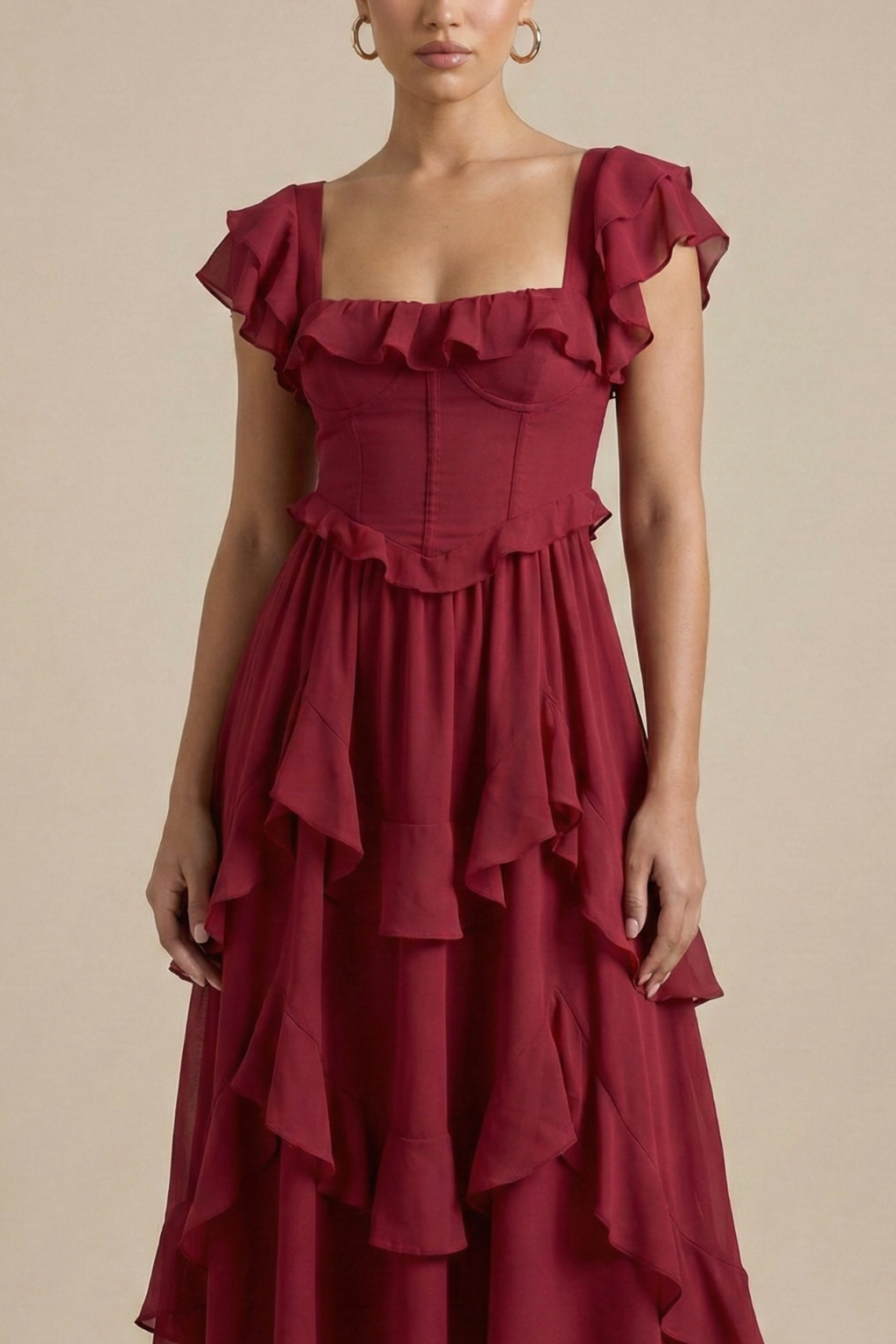 Women’s Layered Ruffle Midi Dress With Flutter Sleeves For Everyday Wear