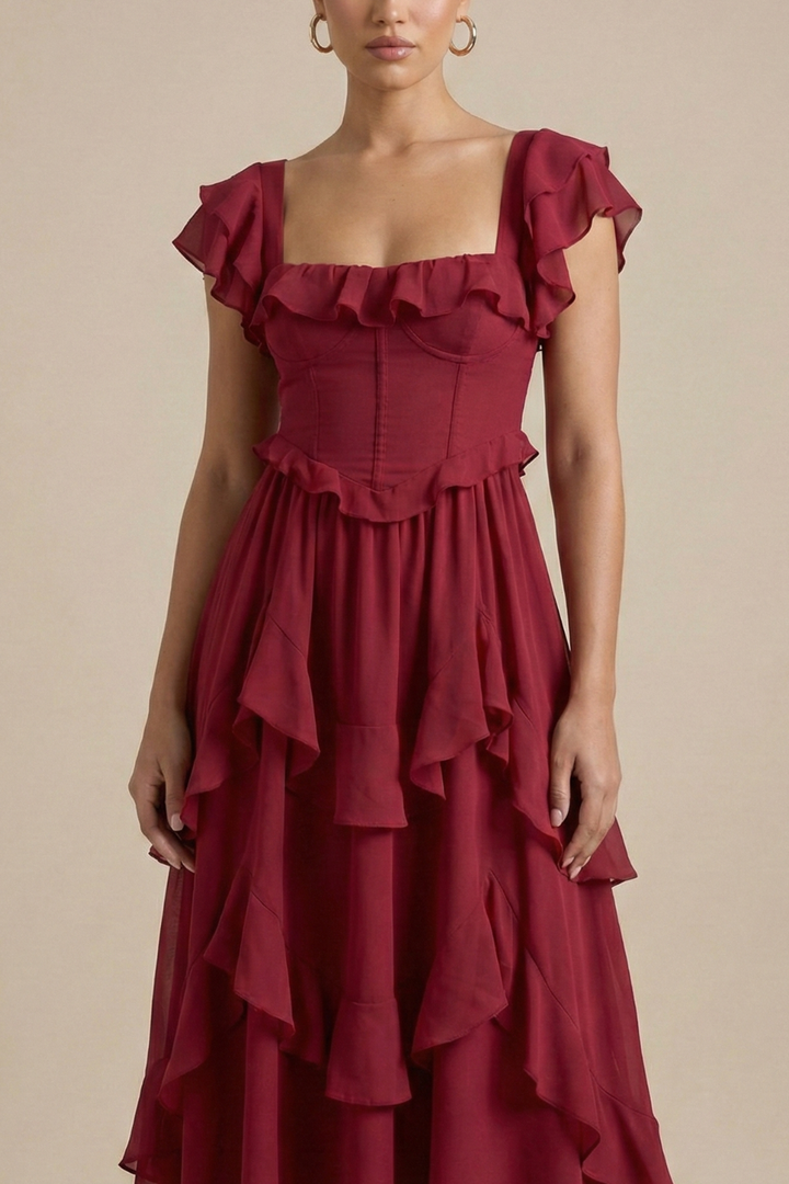 Women’s Layered Ruffle Midi Dress With Flutter Sleeves For Everyday Wear