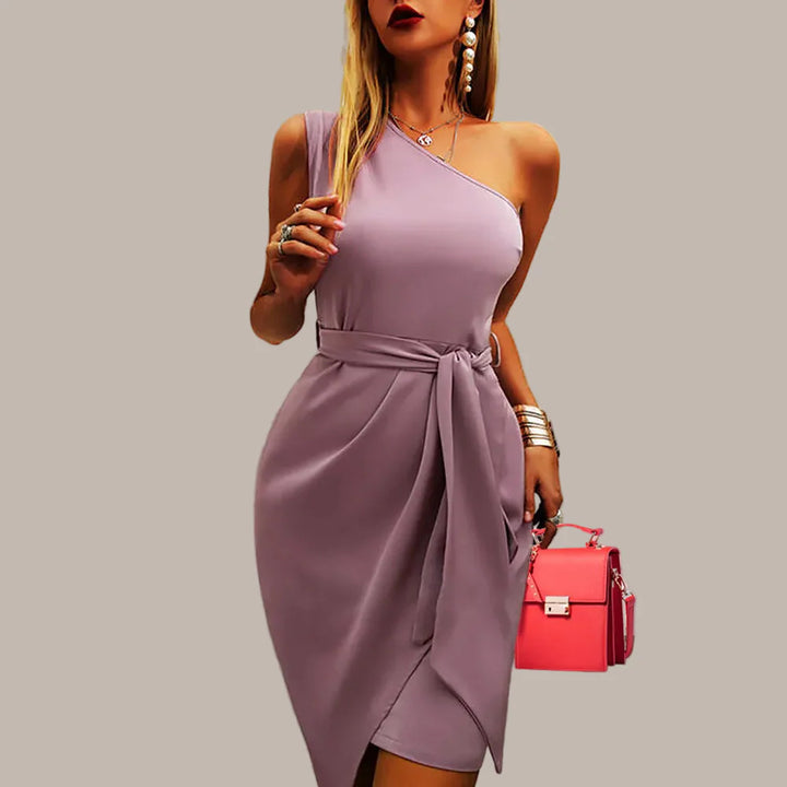 Women's One-Shoulder Midi Evening Dress With Asymmetric Fit And Waist Detailing