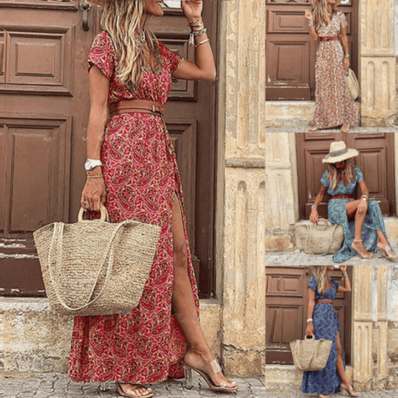 Elara Women's Short Sleeve Belted Long Dress For Women