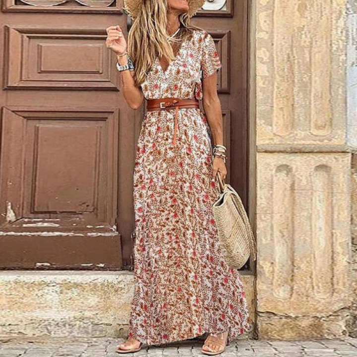 Elara Women's Short Sleeve Belted Long Dress For Women