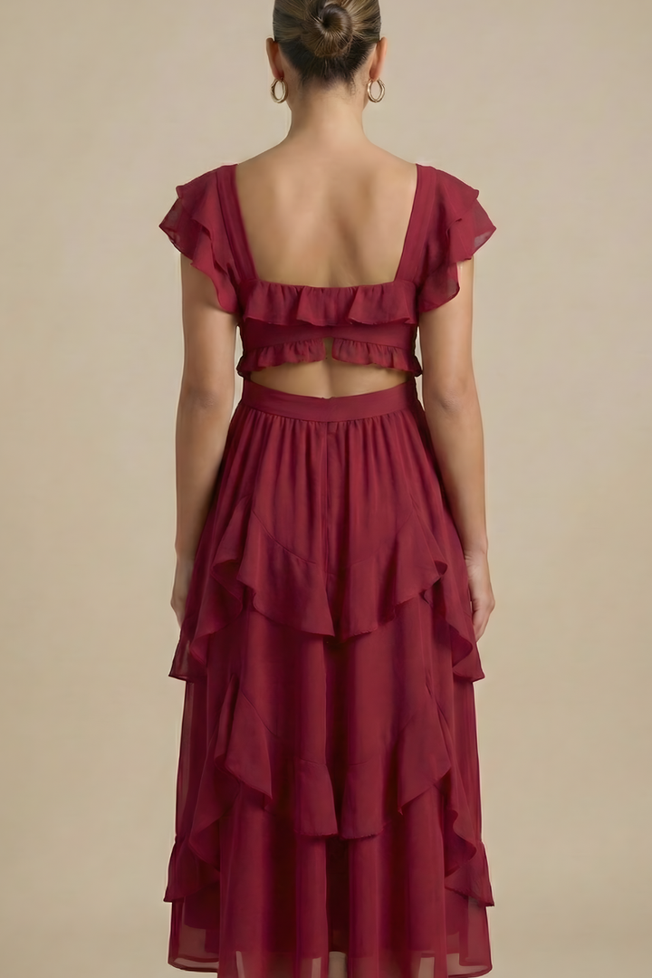 Women’s Layered Ruffle Midi Dress With Flutter Sleeves For Everyday Wear