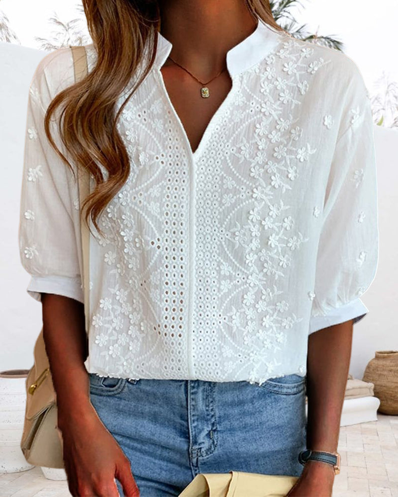 Luna Vale Women's Summer V-Neck Puff Sleeve Blouse